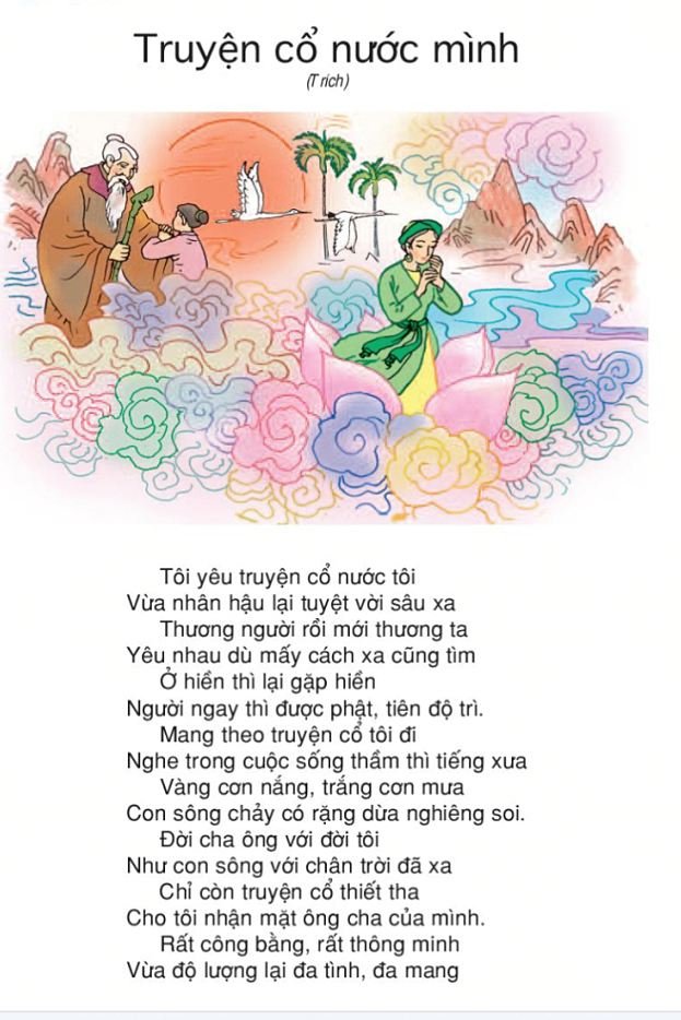Bài thơ Truyện cổ nước tôi được in trong sách Tiếng Việt lớp 4 tập một, Nhà xuất bản Giáo dục Việt Nam, năm 2019. Ảnh: Mạnh Tùng